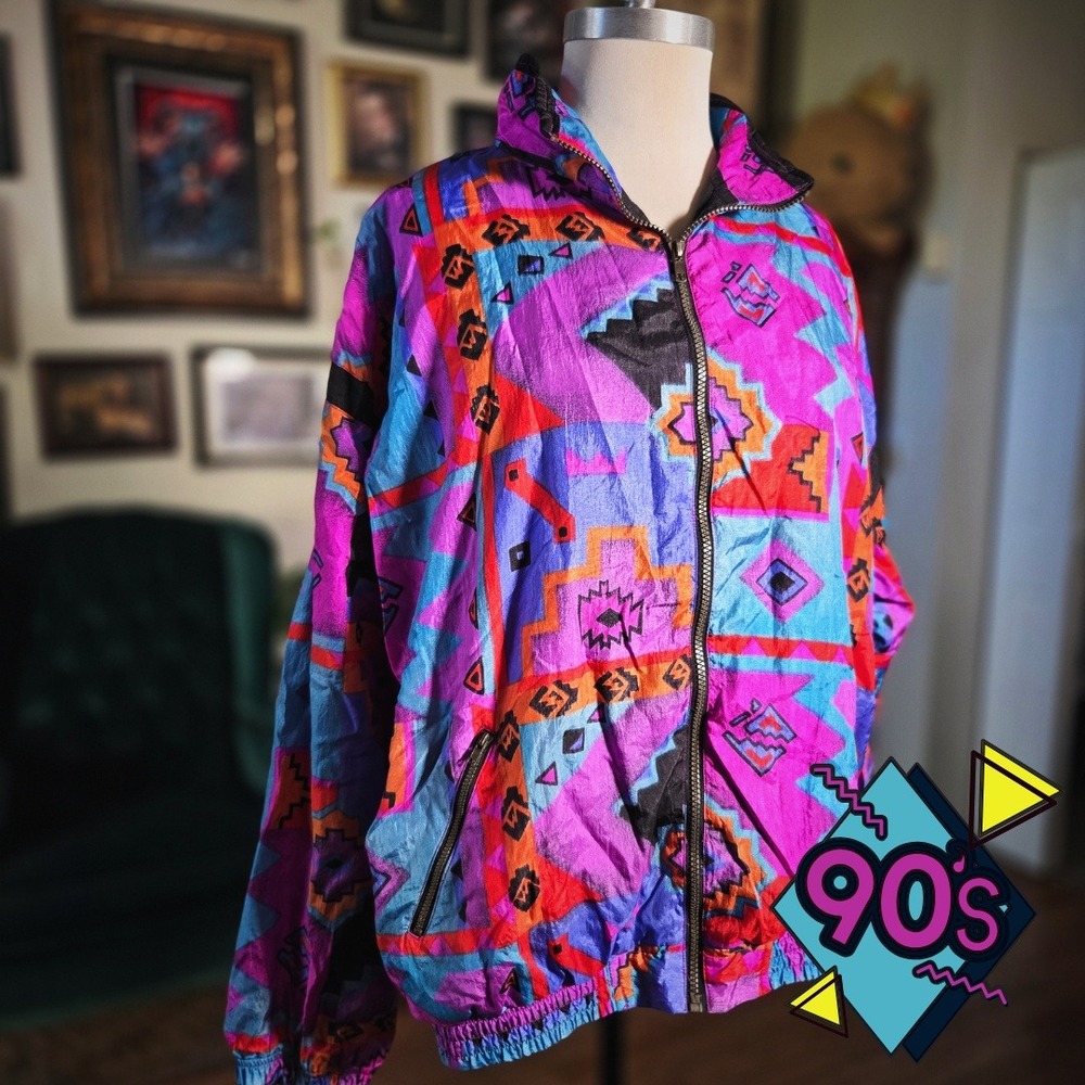 Vintage 90s Windbreaker Jacket Sport Essentials XL Neon Southwestern‎ Geometric